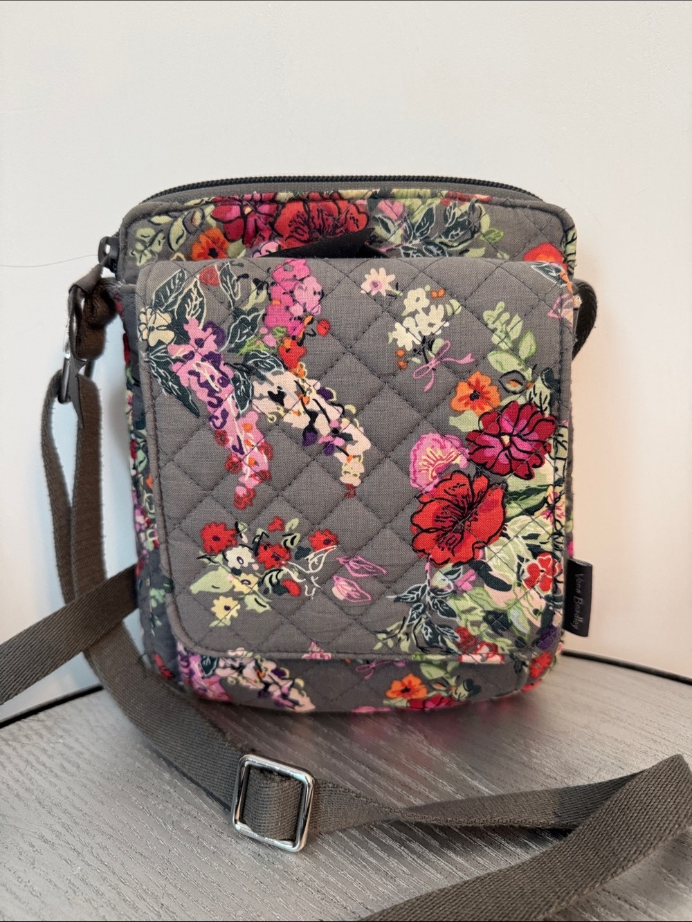 Vera Bradley Gray Quilted Floral Crossbody with Multicolor Blooms